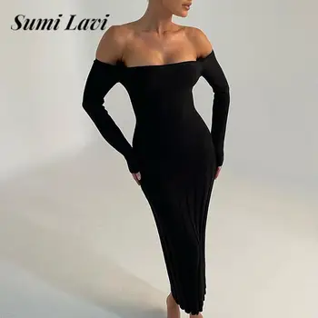 סקסית רזה סרוגים רזה אופנה שמלה מילה אחת כתף שרוול ארוך צבע אחיד ארוך שמלה חדשה עם פסים גבירותיי שמלת טמפרמנט