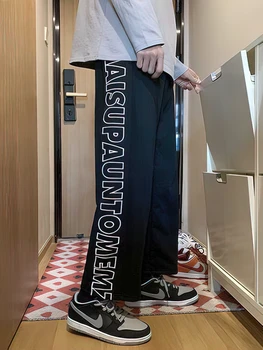 מכתב הדפסה קוריאנית Harajuku ישר מכנסיים אופנת רחוב משוחרר מזדמנים מכנסיים זכר מעצב אופנה מכנסיים ארוכים 2023 חדש