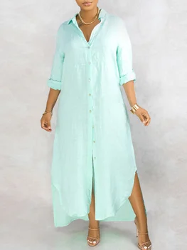 2023 שמלות קיץ לנשים הצעת המיטה צווארון כפתור עיצוב מוצק צבע החולצה, שמלה Vestidos דה Mujer מזדמן מקסי החלוק הנשי