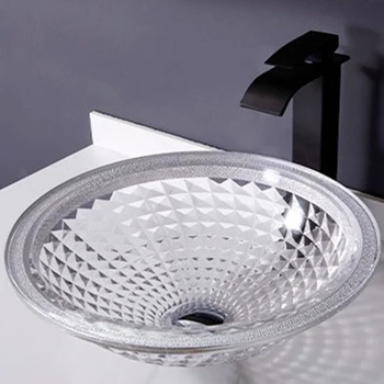 למות יצוק אור יוקרה אמבטיה כיורים מזג זכוכית כיור קריסטל אמנות מודרנית השיש כיור עם ברז סטים 420*420*140mm