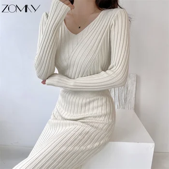 ZOMRY בציר שרוול ארוך סרגה שמלות נשים של צד החלוק קוריאני רטרו 2023 סתיו אופנה חדשה V-צוואר רזה גבוהה המותניים Vestido