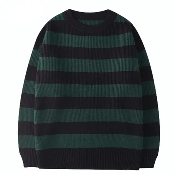 קוריאני סרגה סוודר גברים, נשים, Harajuku שטחי כותנה סוודר טייט לנגדון סוודר אותו סגנון ירוק עם פסים מקסימום 2021 סתיו